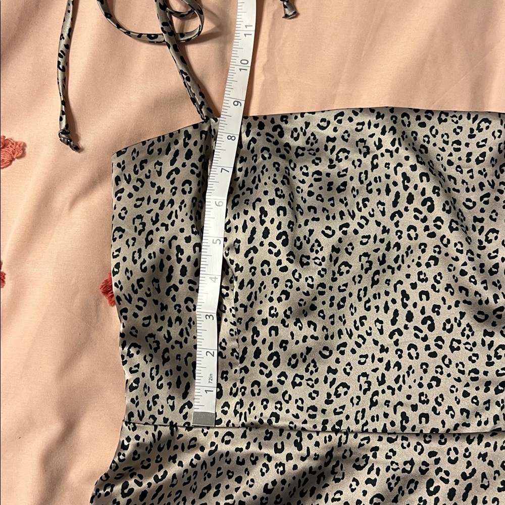 Socialite Satin Leopard Print Tie Strap Mini Dress Small | Smocked Back Animal - Picture 7 of 12